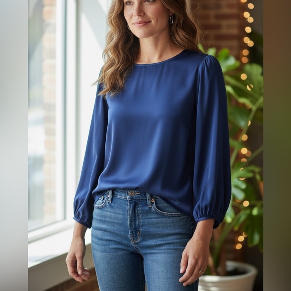 Johnny Was Tops - Calme by Johnny Was Navy blue silk long sleeve blouse NWT size Med. Luxury